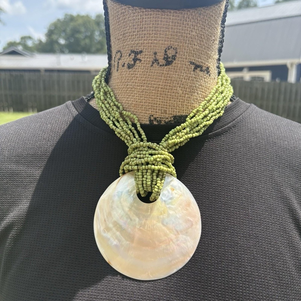 Lime Green Beaded Choker with Iridescent Shell Pendant Handmade Kenya Necklace
